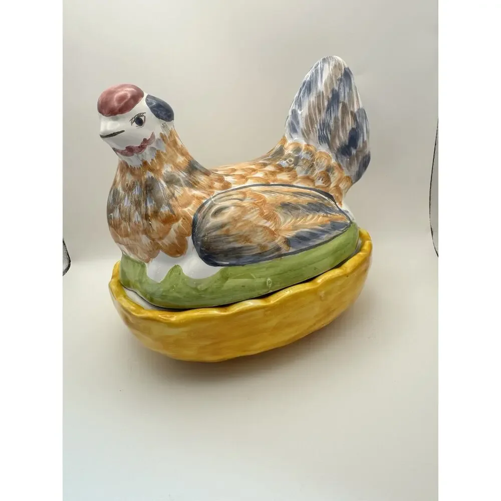 2 pc Chicken Canister Lid Colorful Ceramic Hen Candy Jar Trinket‎ Made Portugal